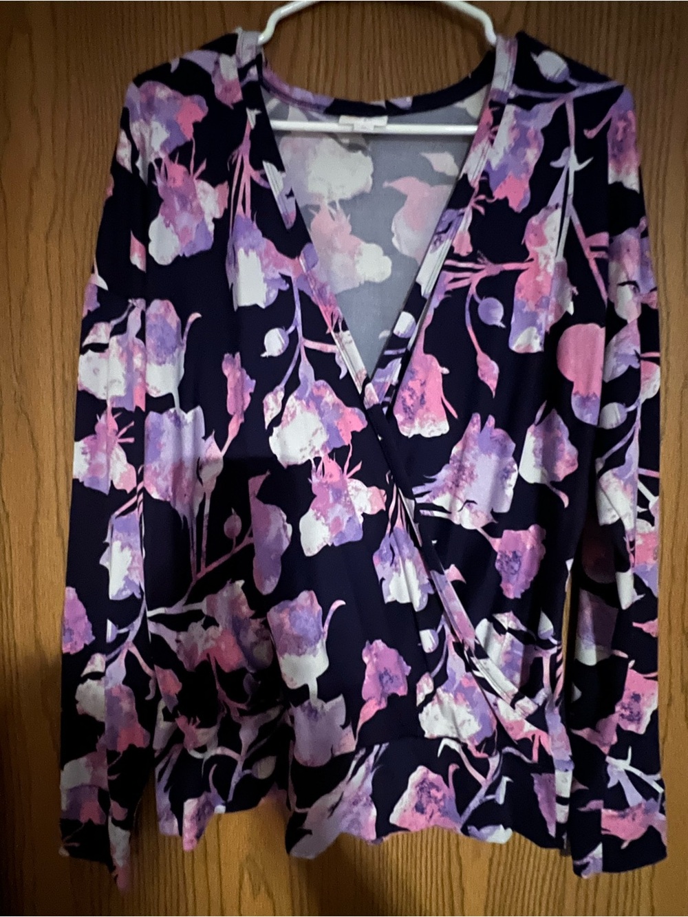 LuLaRoe Navy Long Sleeve Floral Wrap Blouse with Pink & Lavender Blooms
